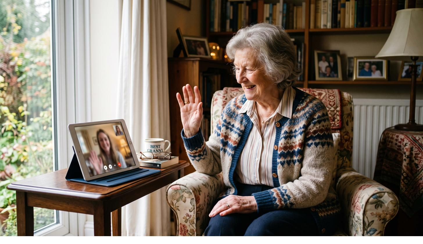 An older lady waving during a family video call on the Demal 365 tablet
