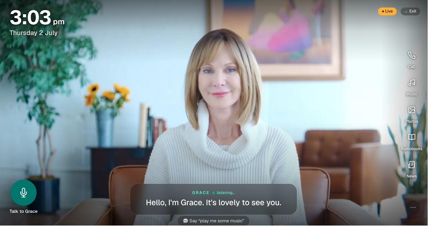 Grace, the Demal 365 companion, greeting the person by name on a tablet at home