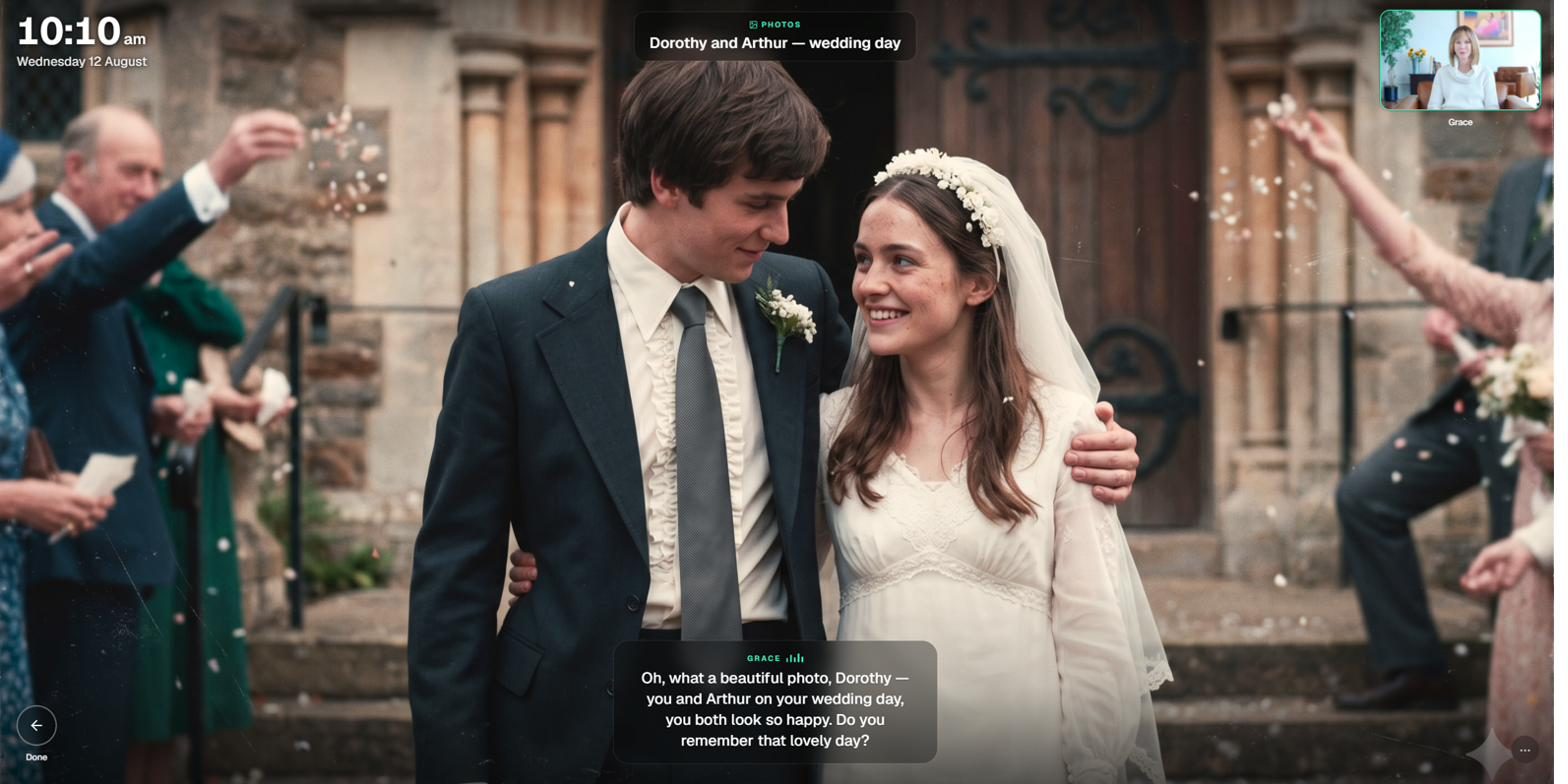 Grace showing a family wedding photograph and talking about it